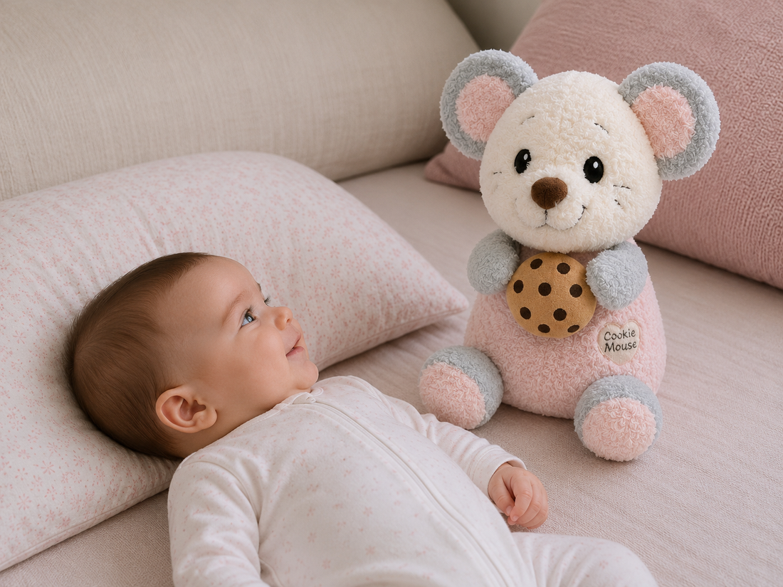 Bebé sonriendo mientras observa un peluche Cookie Mouse sobre una cama en una habitación infantil.